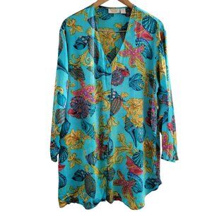 Victorias Secret Gold Label Silk purple Green shell print Sleep shirt size Large